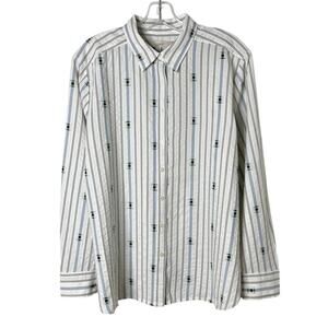 Loft Women's Button Up Shirt L White Striped Art Deco Embroidered 100% Cotton